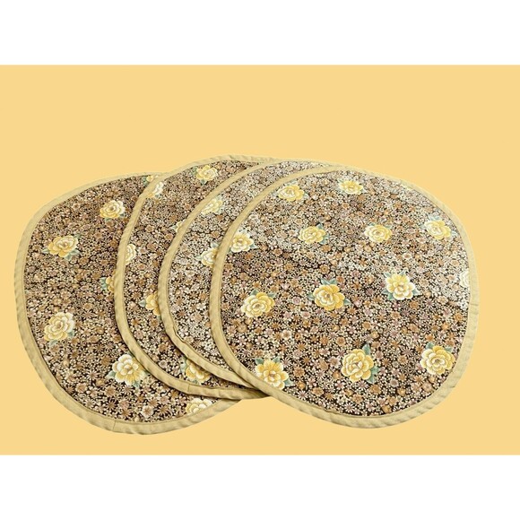 Set of 4 Vintage Handmade Placemats MCM 1960s Brown & Yellow Floral Roses - Picture 1 of 11